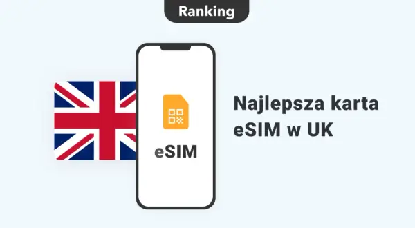 Ranking najlepszej karty eSIM w UK. Flaga Wielkiej Brytanii obok telefonu z ikoną eSIM.