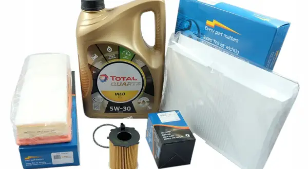 Zestaw filtrów i oleju Total Quartz 5W-30 do Peugeot 307 1.6 HDI. Komplet zawiera filtry powietrza, oleju, kabinowy oraz olej silnikowy.