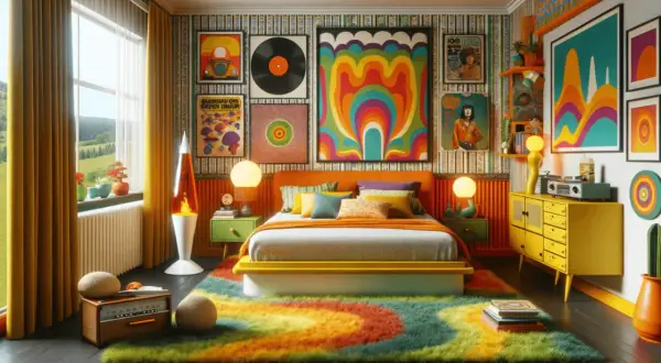 A vibrant bedroom with a strong retro aesthetic, featuring a lava lamp, colorful psychedelic art, and a shag rug.