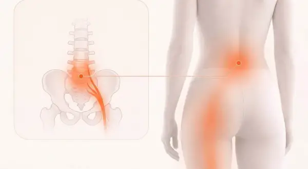 Illustration visar ischias nervens bana från ryggen ner i benet, markerad med rött för smärta.