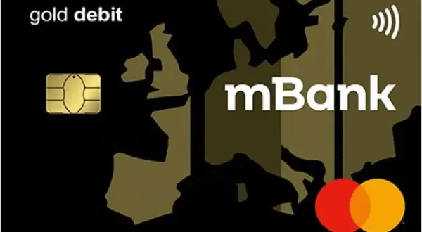 Złota karta debetowa mBank z symbolem płatności zbliżeniowych. Pytanie: czy karta mbank można płacić za granicą? Tak!