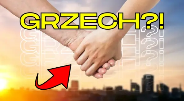 Dwie dłonie splecione, nad nimi napis "GRZECH?!". Czy seks po ślubie to grzech? Czerwona strzałka wskazuje na pytanie.