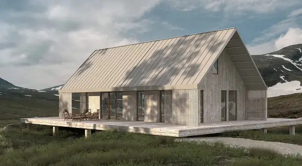 Modern trävilla i fjällandskap med stor altan. En dröm att ha på sin checklista bygga hus.