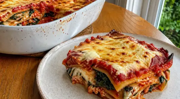 En saftig vegetarisk lasagne med lager av pasta, tomatsås, ost och gröna bladgrönsaker. Perfekt för en mysig middag.