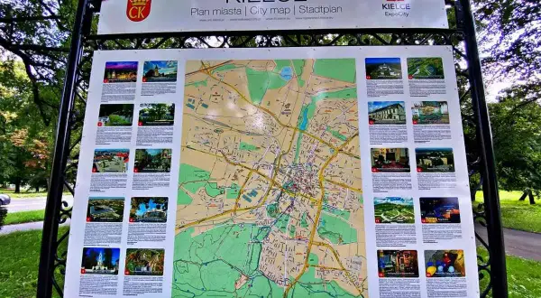 Mapa turystyczna Kielc z licznymi zdjęciami atrakcji, w tym Kadzielni Kielce.