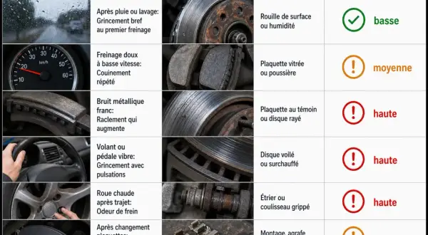 Tableau comparant symptômes de freinage, causes probables (ex: plaquette vitrée ou poussière) et urgence.