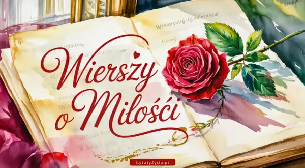 Księga pełna wzruszających krótkich wierszy o miłości, ozdobiona czerwoną różą.