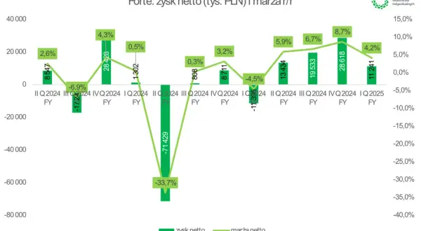 Forte: zysk netto i marża r/r. Wykres pokazuje zmienność zysków i marż, z **forte akcje** w IV kwartale 2024.