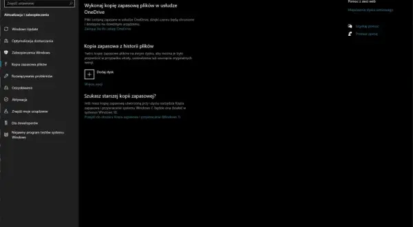 Ustawienia kopii zapasowej plików w Windows 10: tworzenie kopii w OneDrive, dodawanie dysku na historię plików lub szukanie starszych kopii.