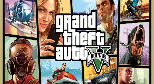 Grafika z gry Grand Theft Auto V: helikopter, kobieta z telefonem, mężczyzna w masce, motocyklista, pies, kierowca i samochód.