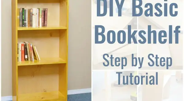 Learn how to build a basic bookshelf with this step-by-step DIY tutorial. The image shows a finished wooden bookshelf with books.