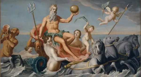 Poseidon gud, havets härskare, drar fram i sin vagn dragen av hästar. Putti svävar i luften.
