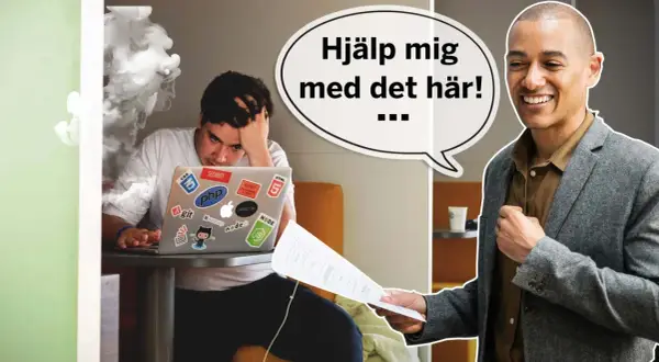 En stressad person med rök runt sig ber om hjälp med en laptop. En glad kollega erbjuder stöd för att må bra på jobbet.