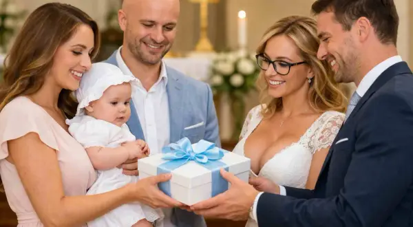 Rodzice i chrzestni wręczają prezent niemowlęciu w kościele.