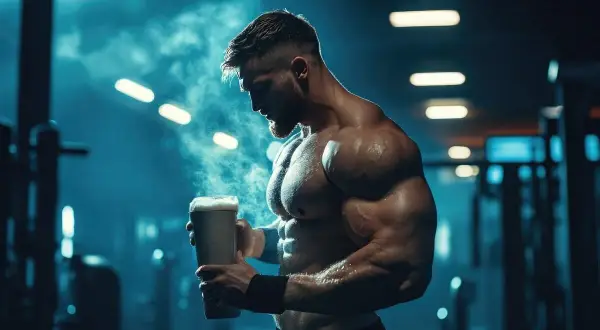 Mężczyzna o atletycznej sylwetce w siłowni, trzymający shaker z odżywką.