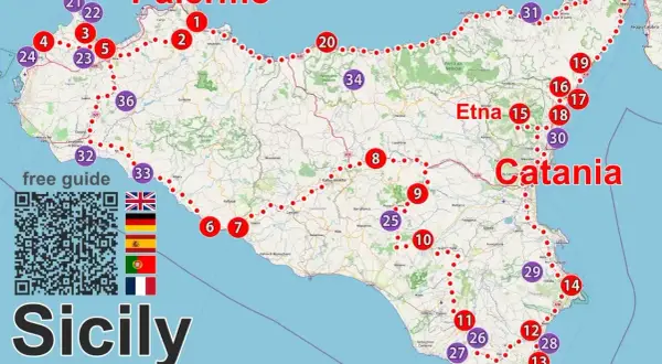 Mapa Sycylii z zaznaczonymi punktami, idealna jako przewodnik po wyspie. Obejmuje Palermo, Katanie, Etnę i wiele innych atrakcji.