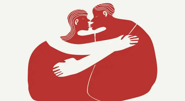 Dwie postacie w czerwieni obejmują się czule. Ilustracja podkreśla potrzebę przytulania u dorosłych, symbolizując bliskość i wsparcie.