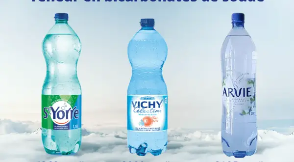 Trois bouteilles d'eau minérale : S-Yorre, Vichy Célestins et Arvie, affichant leur teneur en bicarbonates de soude.