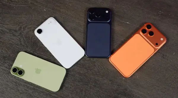 Quatre iPhones aux couleurs vives : blanc, vert pâle, bleu nuit et orange. Une nouveauté iPhone pour tous les goûts.
