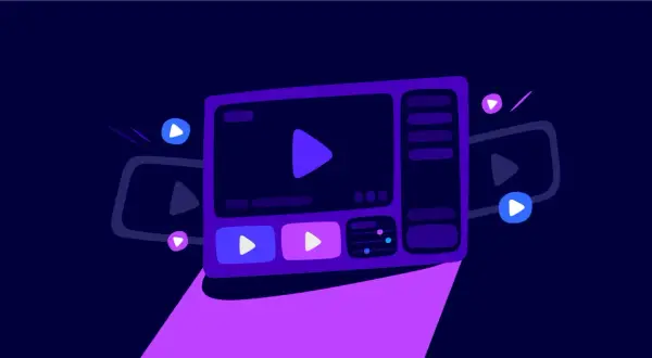 A stylized video player interface with play buttons, suggesting streaming content like on Twitch RTMP.