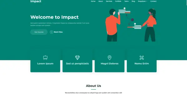 A simple one page website template with a "Welcome to Impact" header, navigation, and feature cards.