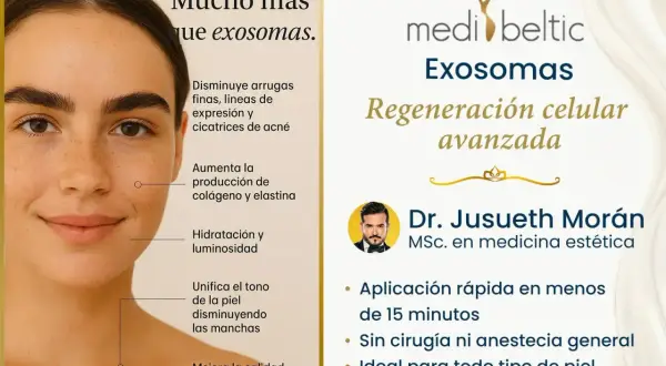 Un rostro femenino luce radiante, destacando los beneficios del **exosomas tratamiento facial**: reduce arrugas, mejora colágeno, hidrata y unifica el tono.