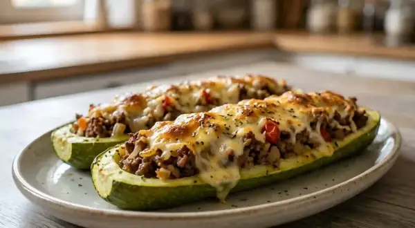 Deux courgettes farcies au bœuf et au fromage gratiné, prêtes à être dégustées. Un plat savoureux et réconfortant.