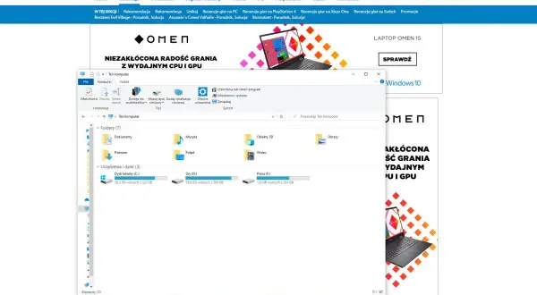 Zrzut ekranu Windows 10 z otwartym folderem "Ten komputer" i stroną Eurogamer.pl promującą laptopy OMEN.
