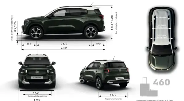 Citroën C3 Aircross wymiary: długość 4395 mm, szerokość 1795 mm, wysokość 1633-1660 mm. Bagażnik 460 dm³.