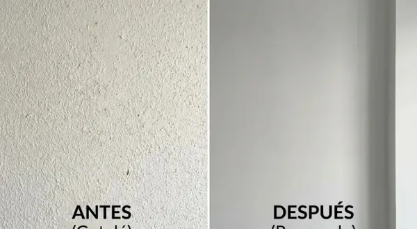 Pared con gotelé antes y después de renovar. Se puede hacer gotelé con esponja para un acabado liso.