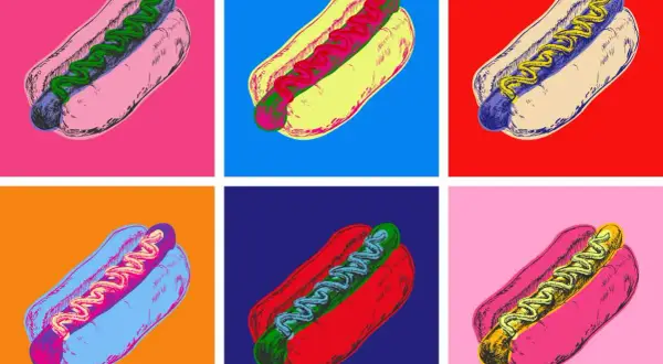 Sześć hot-dogów w stylu pop-art, każdy na innym kolorowym tle. Kolorowe przykłady sztuki.