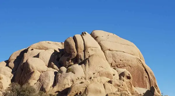 Duże, piaszczyste formacje skalne pod błękitnym niebem w Joshua Tree National Park.