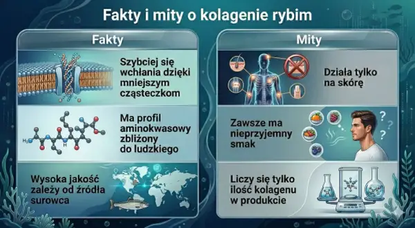 Kolagen hydrolizowany rybi: szybciej się wchłania, ma profil aminokwasowy zbliżony do ludzkiego, a jego jakość zależy od źródła.