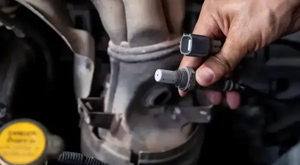 Mechanik wymienia czujnik tlenu w Volkswagenie, by naprawić błąd DTC P0420.