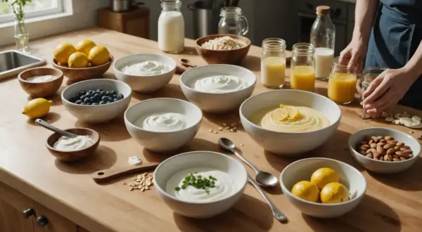 Plusieurs bols de yaourt crémeux, des citrons, des myrtilles et des amandes sont disposés sur une table en bois. Un équivalent de lait ribot, crémeux et acidulé, est prêt à être dégusté.