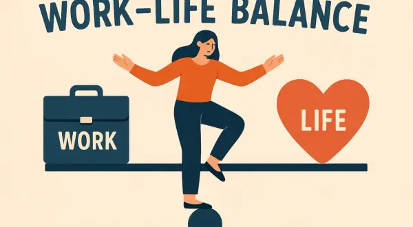 Kobieta balansuje na kuli, symbolizując trudności w osiągnięciu work-life balance. Po jednej stronie walizka "WORK", po drugiej serce "LIFE".