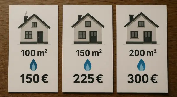 Koszty ogrzewania gazowego domu 100m² to 150€. Obok przykłady dla 150m² i 200m².