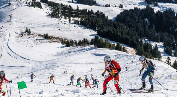 Skibergsteigen-Athleten kämpfen sich einen verschneiten Hang hinauf, bereit für olympische Herausforderungen.