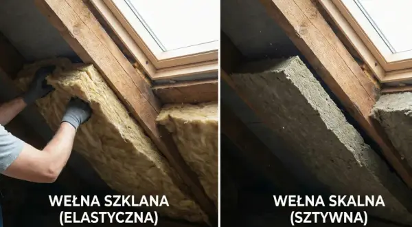 Porównanie dwóch rodzajów wełny: elastycznej wełny szklanej i sztywnej wełny skalnej, stosowanych do izolacji poddasza.