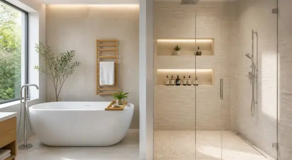 Salle de bain moderne avec baignoire îlot et douche vitrée. Une belle idée pour une salle de bain douche et baignoire combinées.