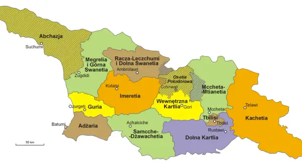 Mapa pokazuje, gdzie leży Gruzja, z podziałem na regiony: Abchazja, Megrelia, Imeretia, Adżaria, Kachetia i inne.