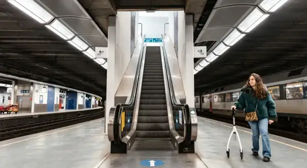 Kobieta z chodzikiem na peronie kolejowym, gotowa na podróże koleją.