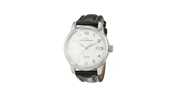 Elegante reloj Zeno Watch Basel automático con correa de cuero negro y esfera blanca.