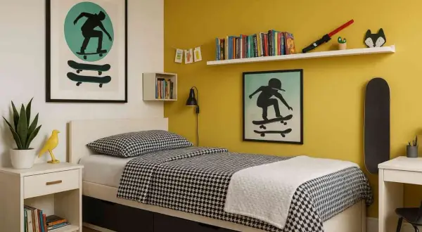 Ein cooles Jugendzimmer mit gelber jugendzimmer wandfarbe, Bett mit skateboard-Motiv und vielen Büchern.