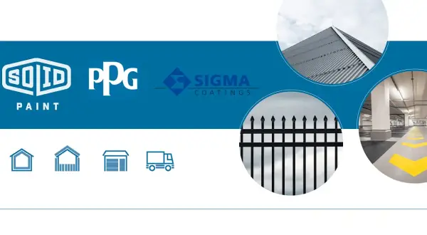 Loghi Solid Paint, PPG e Sigma Coatings. Immagini di un tetto metallico, una recinzione e un parcheggio. Soluzioni per ppg vernici.