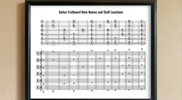 Diagram nut na gryfie gitary i ich położenie na pięciolinii. Pomoc dla każdego, kto uczy się grać na gitarze.