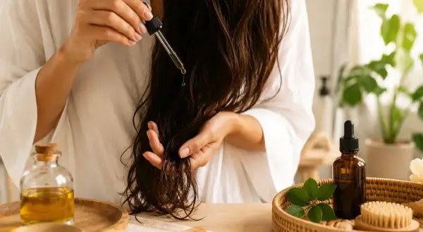 Application d'un sérum nourrissant pour un bain d'huile cheveux. Une main applique des gouttes d'huile sur les longueurs.