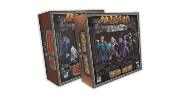 Brzdęk! Legacy: Drużyna Zarządu. Zestaw pudełek gry planszowej z postaciami fantasy.