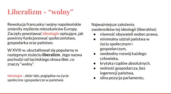 Liberalizm, czyli wolność, to ideologia z XVIII w. promująca równość, swobodny rozwój człowieka i wolność gospodarczą.