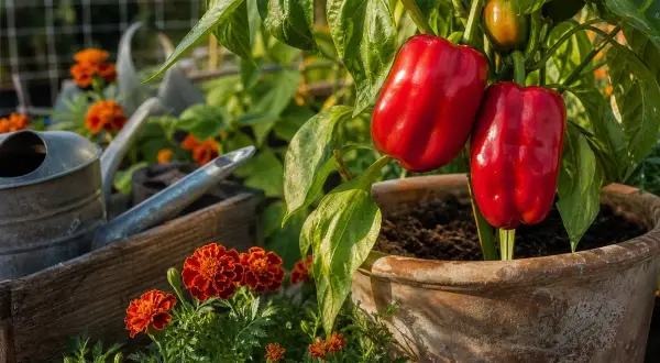 Zwei rote Paprika reifen an der Pflanze, flankiert von leuchtend orangefarbenen Blumen. Gießkannen und ein Holzkasten deuten auf gute Nachbarn im Garten hin.